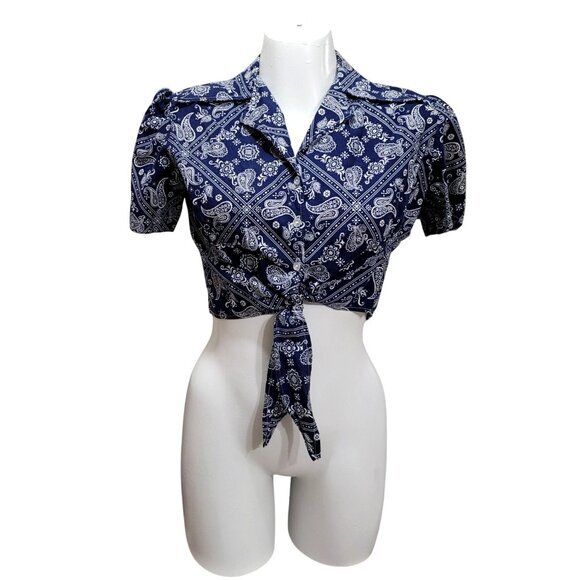 Unknown Tops - Vintage Bandana Cropped Tie-Front Blouse Short Sleeve L Blue